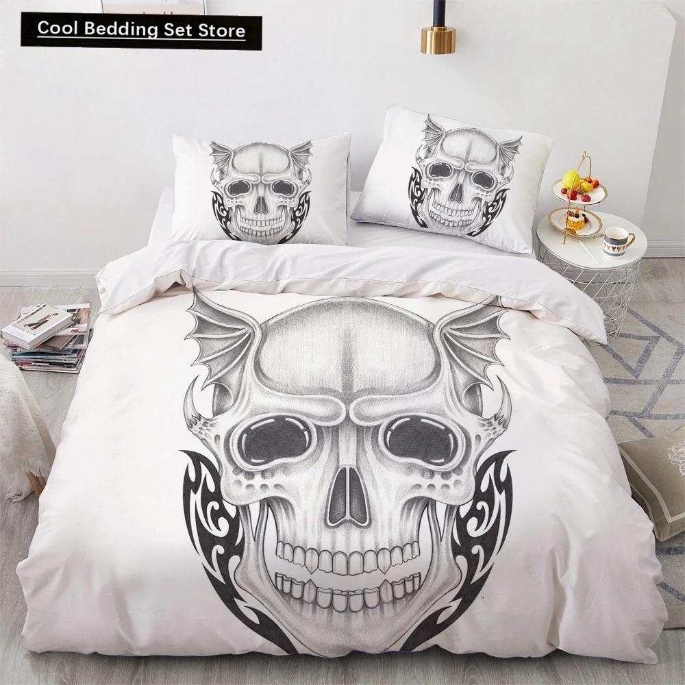 Skull Couple King Queen Duvet Cover Skeleton Bride Bedding Set Halloween White 23pcs Soft Quilt Cover for Kids Teens Adults