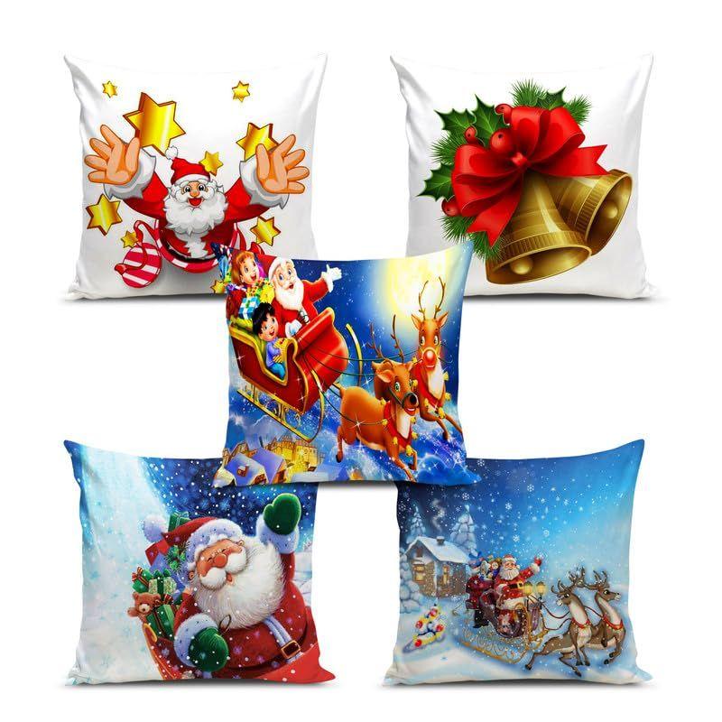 Soft Fabric Designer Decorative Printed Merry Christmas Theme Cushion Cover Xmas Decorations for Sofa Living Room Set of 5 16 X 16 Inch Multi