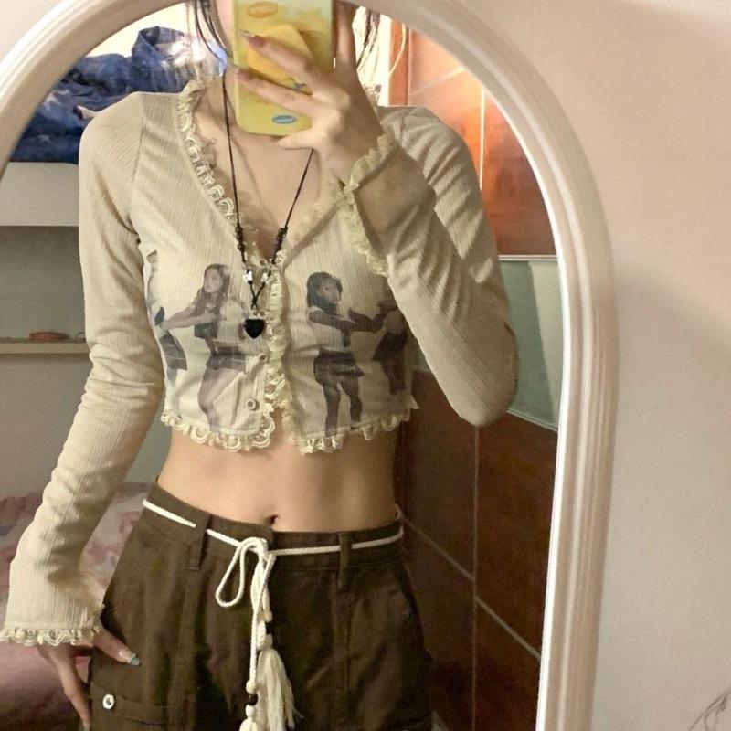 2KWEIRD Y2k Clothes Retro Campus Style Print Slim Long-Sleeved Summer Design Lace Short Cardigan Top Grunge Clothes Ropa Mujer