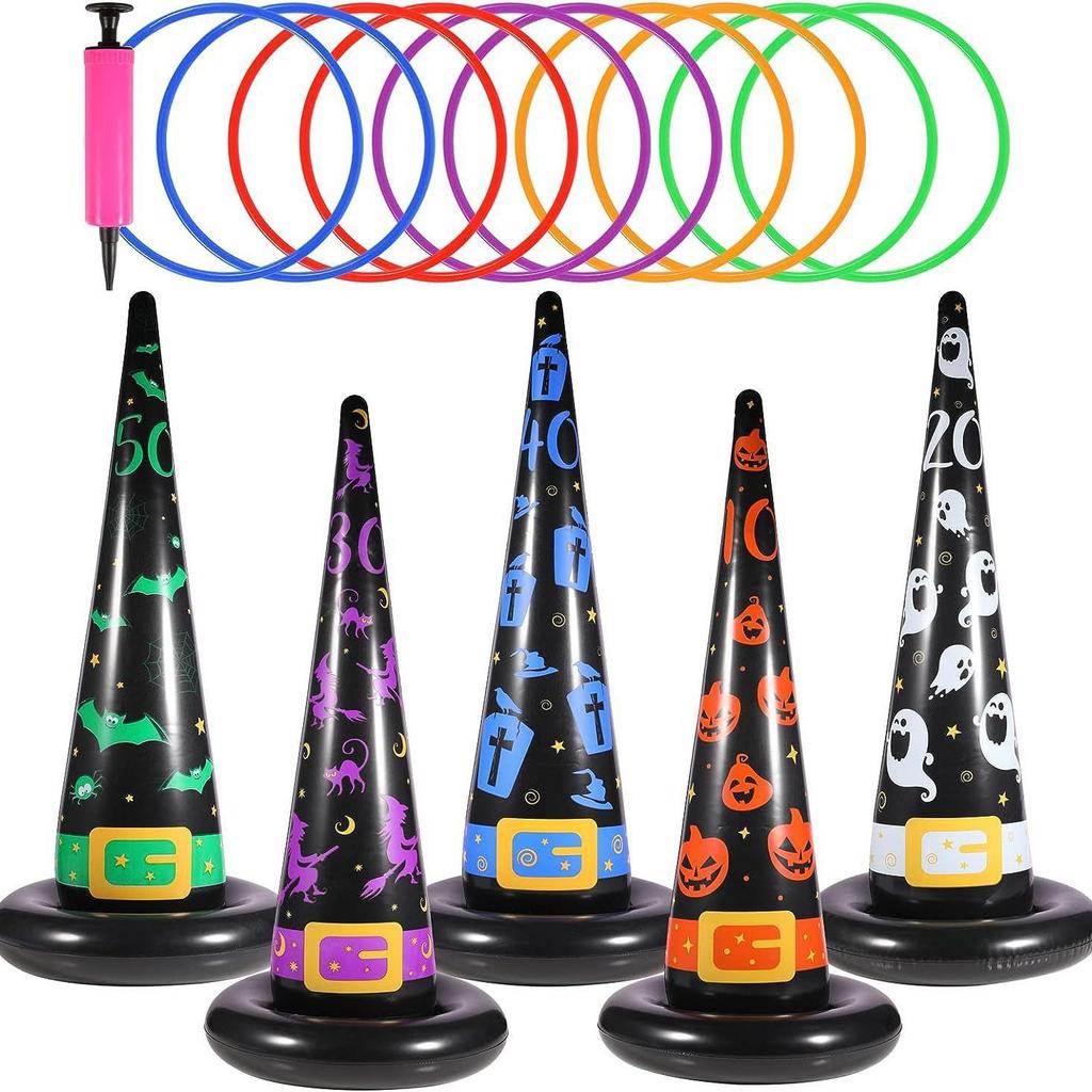 Inflatable Witch Hat Set - Halloween with 5 Witch Hats & 10 Plastic Rings for Kids Family Indoor Outdoor Party Activity
