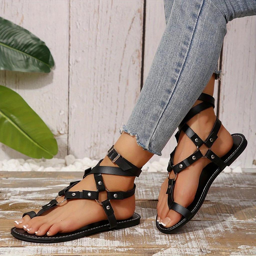 Leichte Sommersandalen für Damen – Schwarze flache Sandalen mit gekreuzten Riemen, bequeme und lässige Strandschuhe für den Urlaub