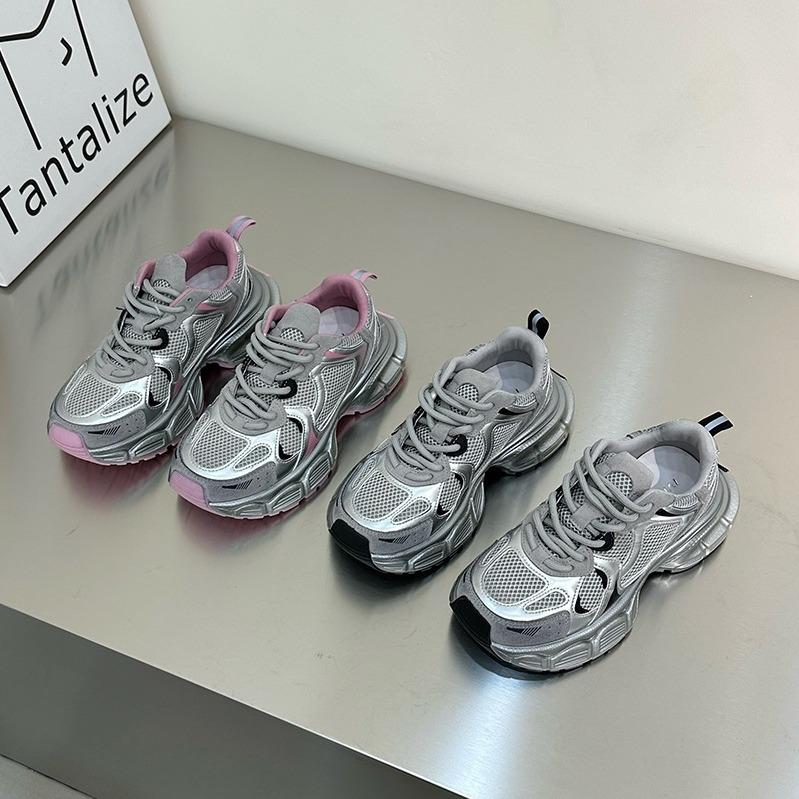 Plateauschuhe mit dicker Sohle für Damen, Sommer 2025 neu, silberfarbenes atmungsaktives Mesh, Damenschuhe, leichte Sport- und Freizeitschuhe