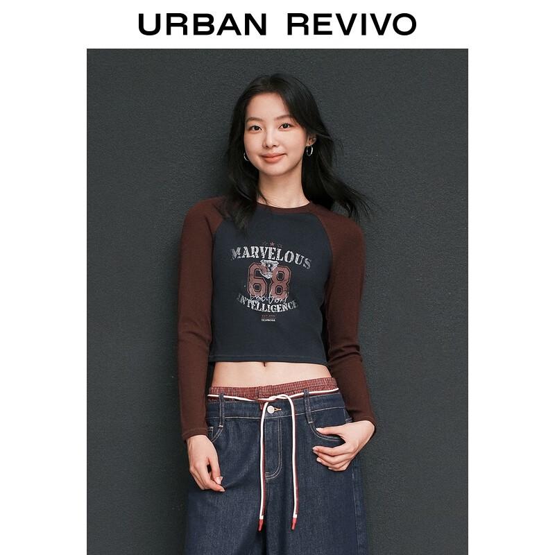 UR 2025 Autumn Women's Retro Print Colorblock Slim T-shirt