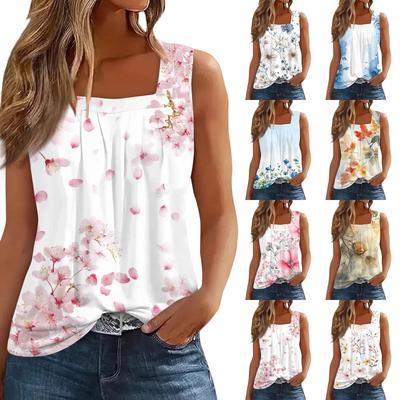 Women's Pleated Square Collar Sleeveless Vest Print T-shirt