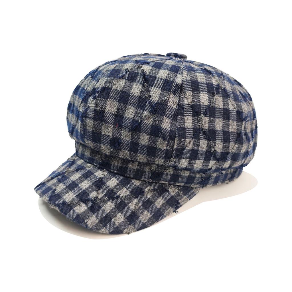 JYL TS DIY Fringed Plaid Octagonal Cap  Newsboy Cap Cotton