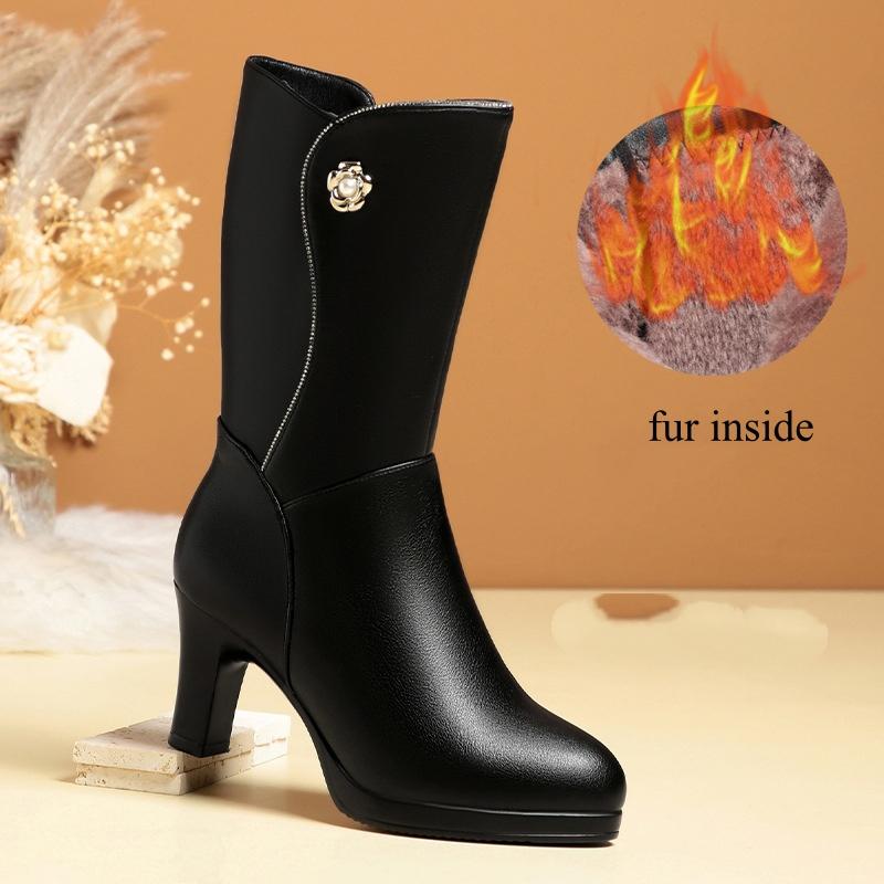 

7 см 9 см Элегантные женские ботинки до середины голени Зимние плюшевые ботинки 2025 Блок высокий каблук Теплые меховые мотоботы для офиса Мамы Платья 35