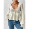 Women's Hollow Out Knitted Sweater Spring Autumn Sexy Deep V Lace Up Pullover Tops Solid Long Sleeve Knitwear Sweater Femme