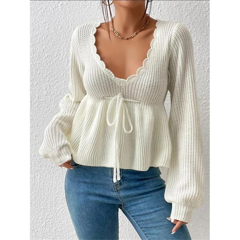 Women's Hollow Out Knitted Sweater Spring Autumn Sexy Deep V Lace Up Pullover Tops Solid Long Sleeve Knitwear Sweater Femme