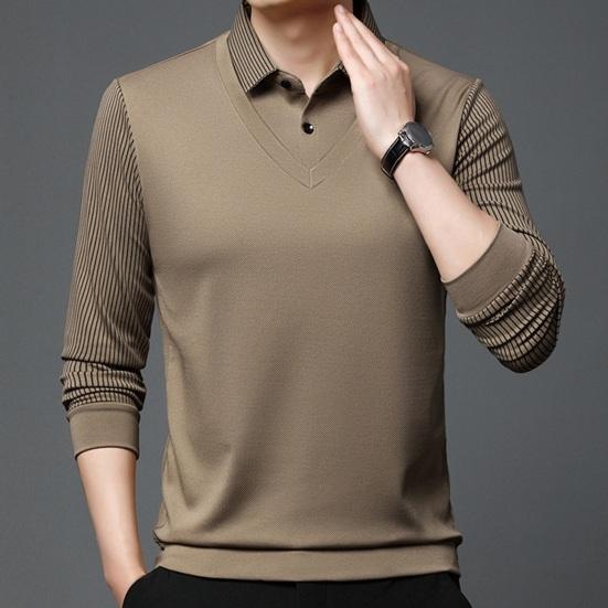 Men Fall Winter Top Fake Two-piece Pluish Lined Turn-down Collar Formal Business Style Shirt Mid-aged Men Father Office Work Clothes