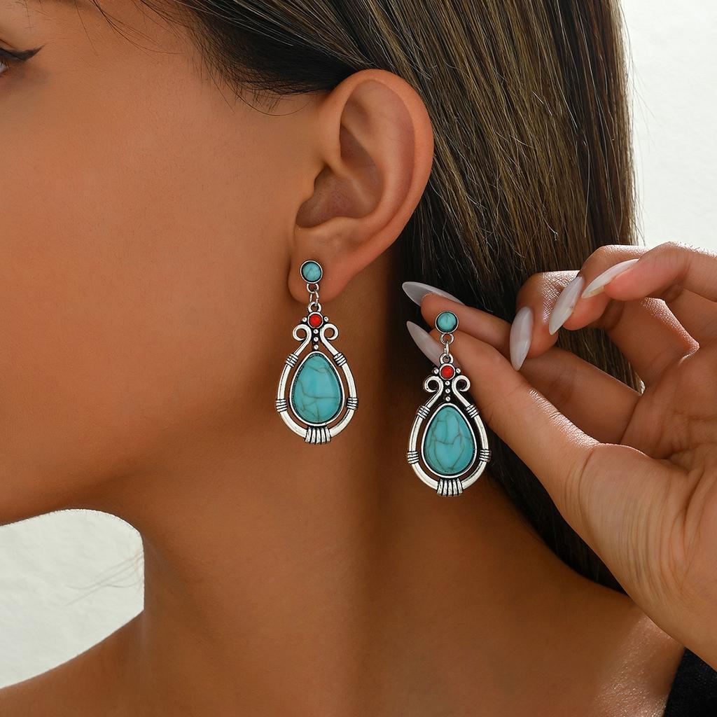 Hot Sale Bohemian Vintage Earrings Leaf Droplet Shaped Handmade Rice Bead Woven Tassel Turquoise Earrings