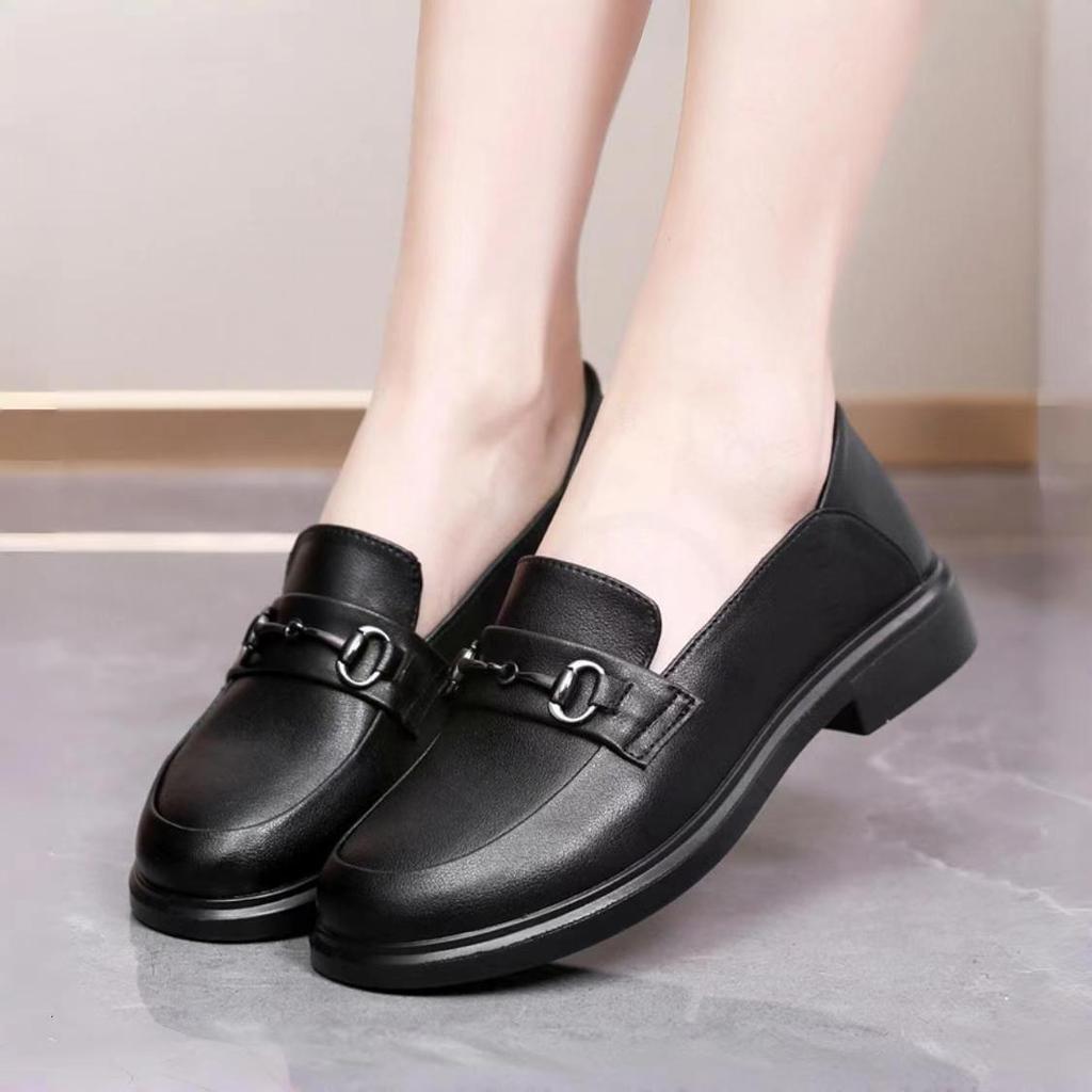 Casual shoes round head small leather shoes women's black first layer cowhide basic foot loafers one dropshipping