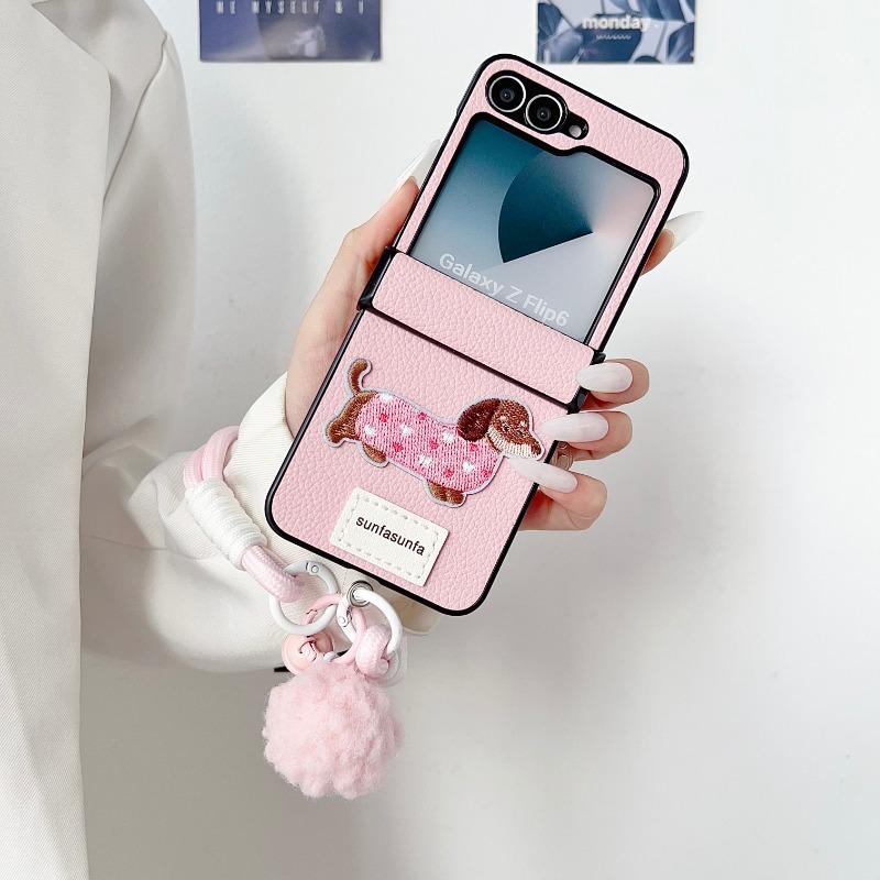 Cartoon PU Leather Phone Case for Samsung Galaxy Z Flip 6 5 4 3 Flip6 Flip5 Flip4 Flip3 5G Wrist Strap Hinge Protective Cover
