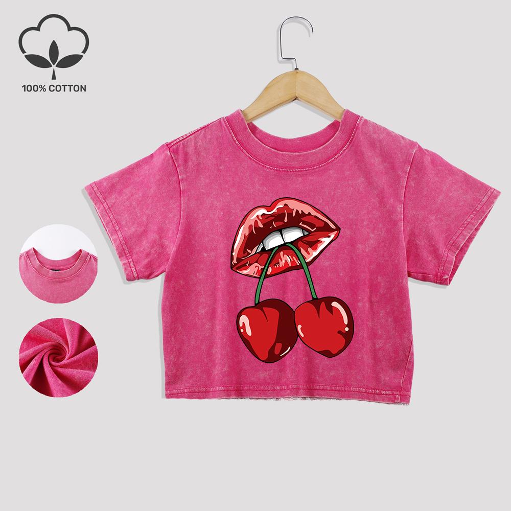 Cherries In The Mouth Printing Cotton Washed T-Shirts Fashion Lace Hem Crop Tees Distressed O-Neck Tops Casual Clothes