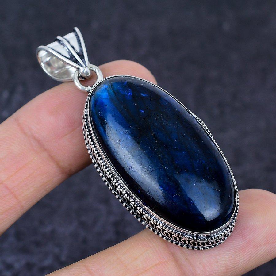 Natural Blue Labradorite Gemstone 925 Sterling Silver Jewelry Pendant 2.36" M0q49