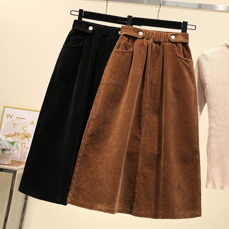 Autumn and Winter Women's Plus-size Skirt Mid-length Loose High-waist A-line Corduroy Skirt