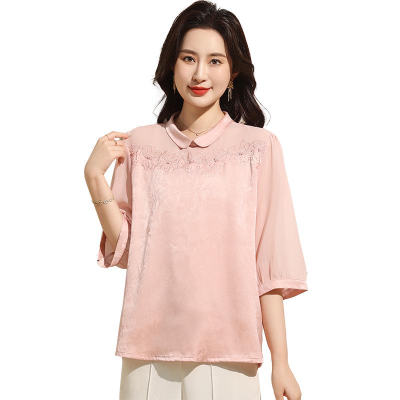 Elegant Chinese Style Summer T-shirt for Middle-aged and Elderly Women: Dignified Seven-point Sleeve Loose Top