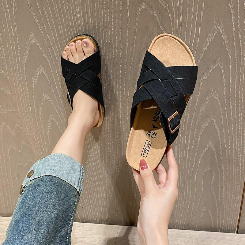 Thick-soled slippers women's summer outer wear new retro flat-bottomed cross-strapped slippers cork bottom large size