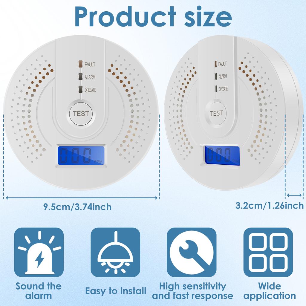 2/1pcs Carbon Monoxide Detectors CO Gas Monitor Alarm CO Sensor Detector with LCD Digital Display for Home,Bedroom,Kitchen,Offic