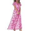Basic Style Flowy Chiffon Floral Maxi Dress With Ruffle V Neck For Summer Casual Wear