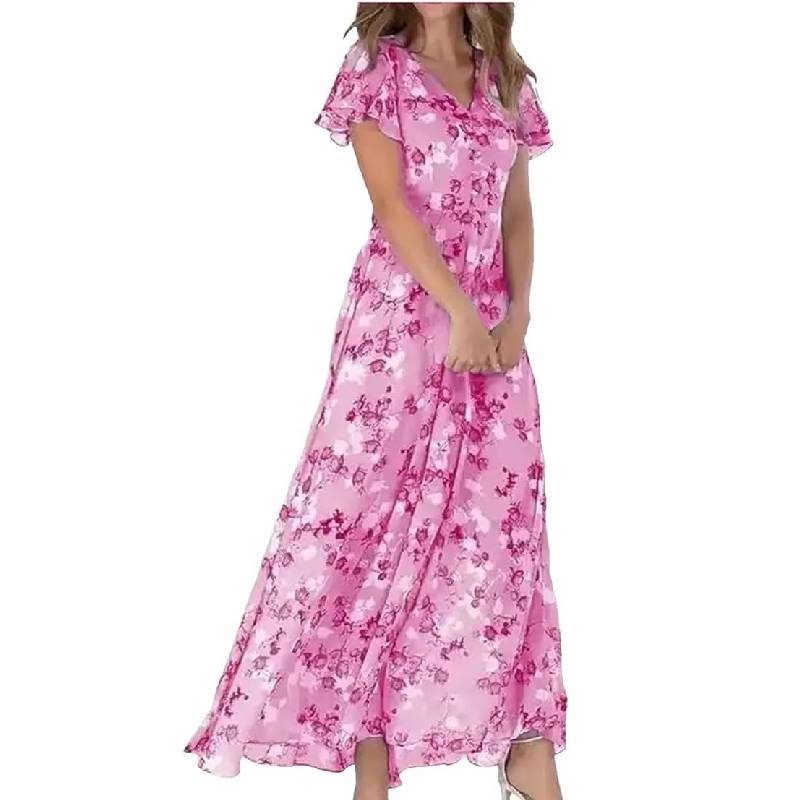 Basic Style Flowy Chiffon Floral Maxi Dress With Ruffle V Neck For Summer Casual Wear