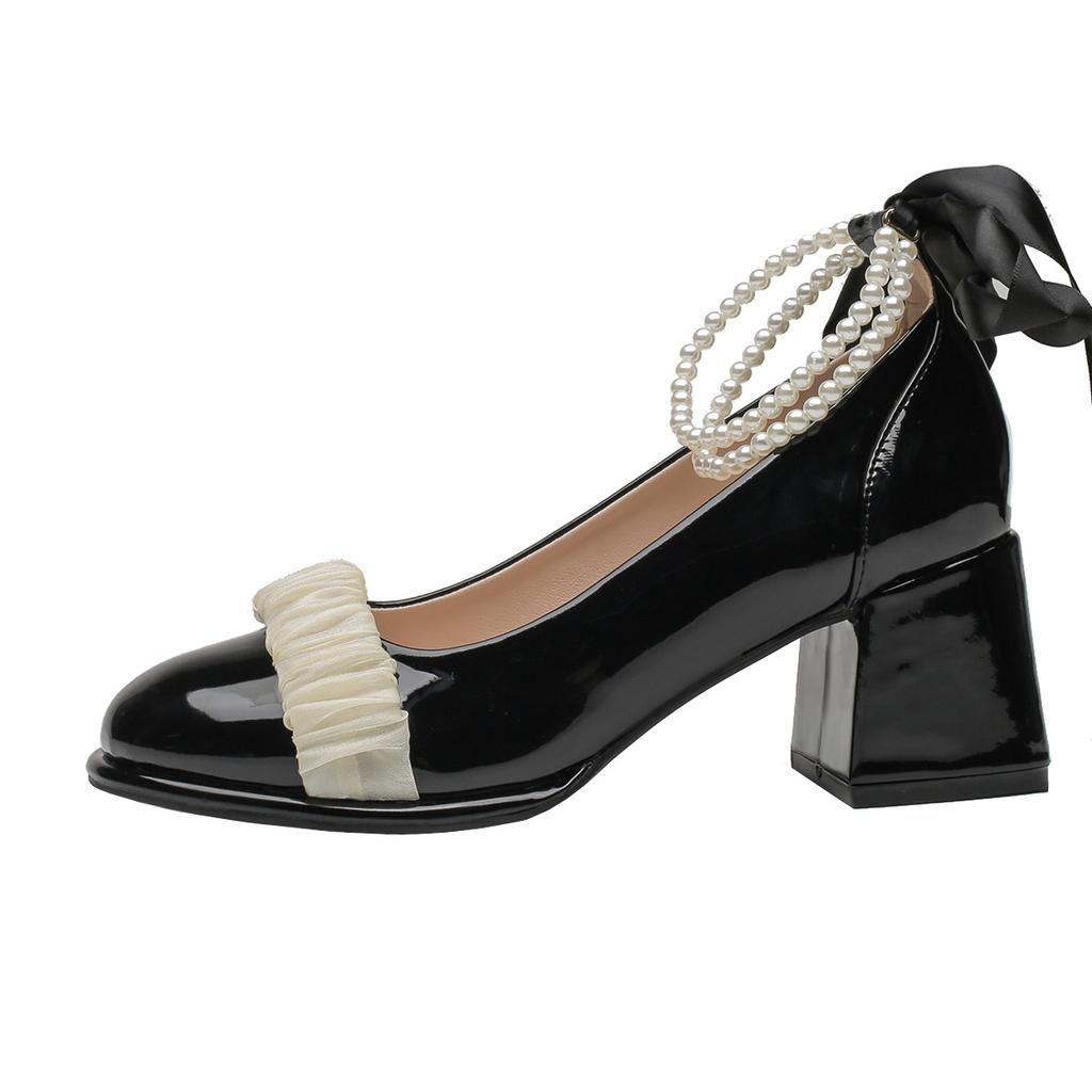 Mary Jane women's shoes 2025 new spring and autumn mesh bow high heels women's thick heel pearl light mouth single shoes women