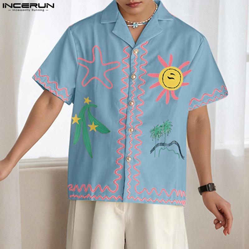 INCERUN S-XXXXXL Men Lapel Neck Short Sleeve Cartoon Print Casual Loose Shirts