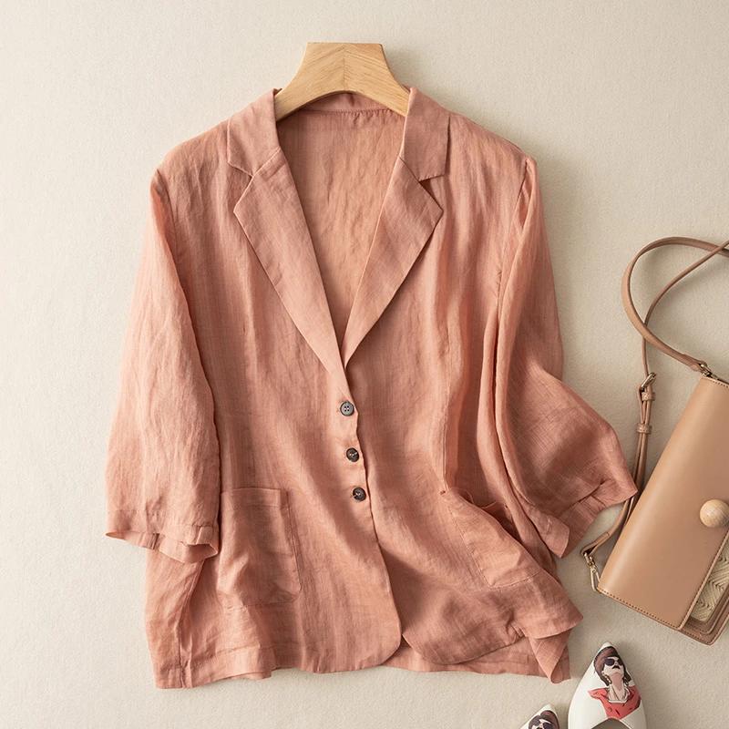 Spring Women's Linen Notched Collar Blazer Loose Casual Jacket