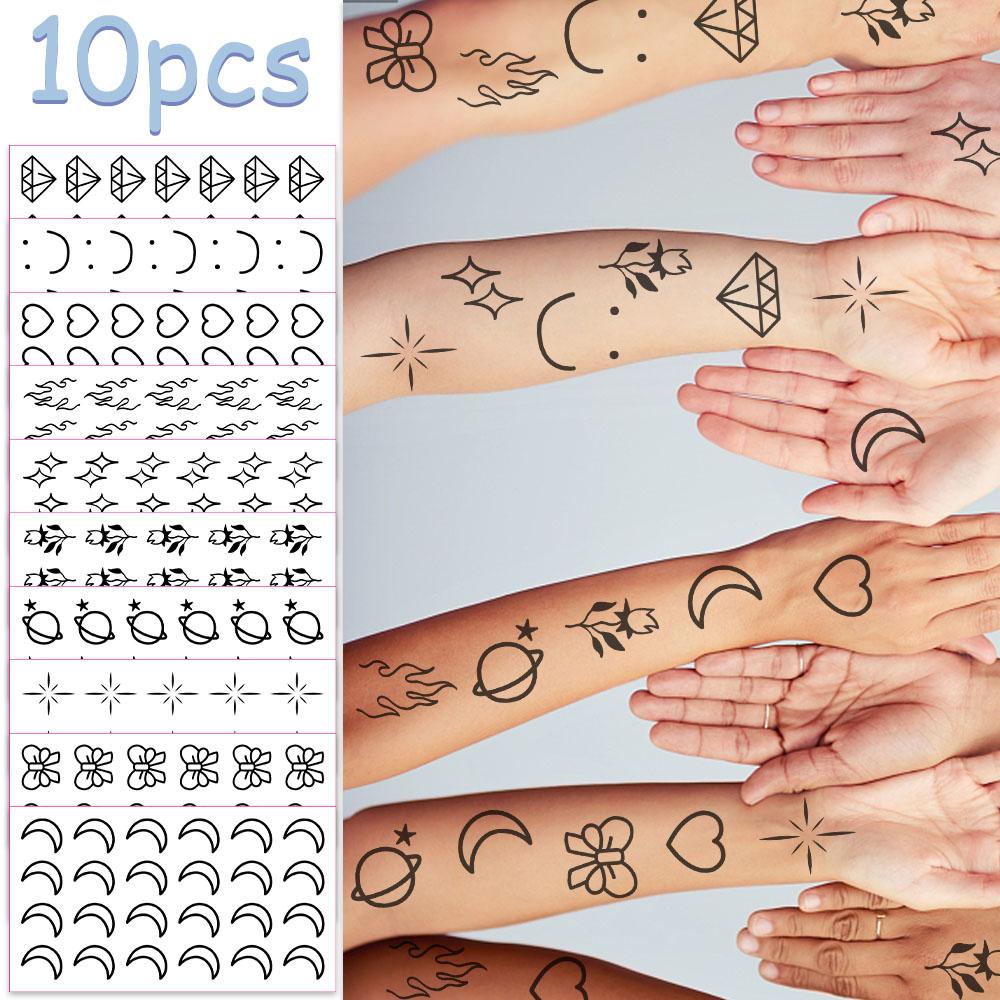 10sheets Cartoon Black Small Pattern Tattoo Stickers For Face Hand Body Temporary Fake Tattoo Stickers Kids Party Supplies