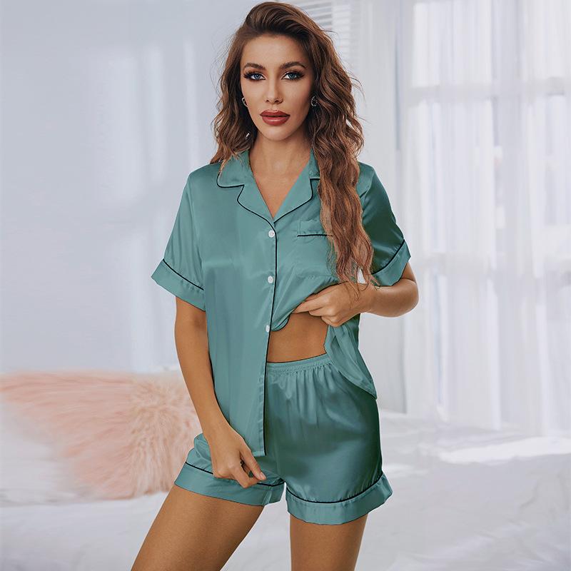Large Size Women’s Summer Sleepwear Solid Color Piping Homewear 2 Piece Short Sleeve Shorts Pajama Set Casual Loungewear