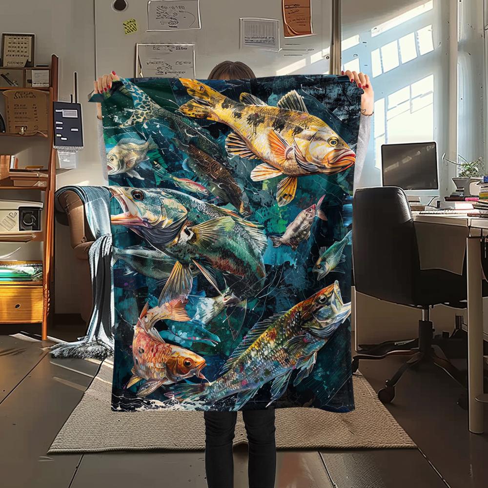 1Pc American Bass Fishing Print Flannel Blanket, High quality Comfortable for All Seasons, Home Decor, Warmth and Comfort, Perfect for Christmas Gifts