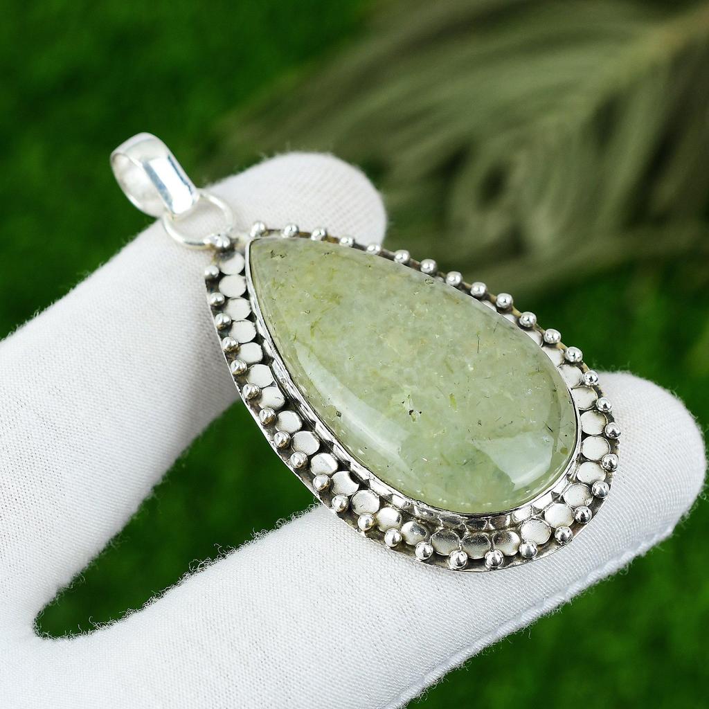 Anniversary Gift For Her Natural Prehnite Gemstone Pendant 925 Sterling Silver