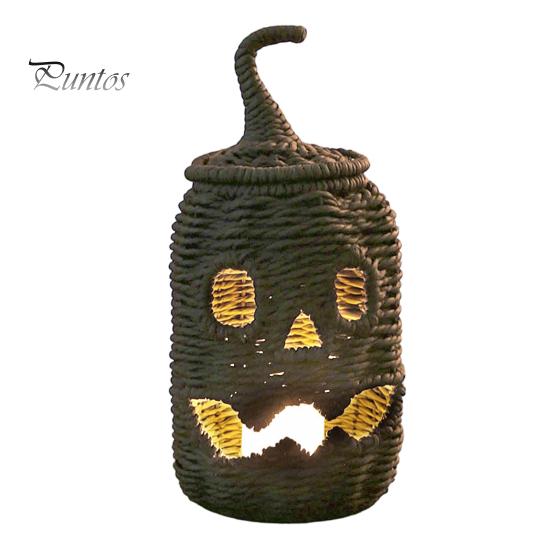 Halloween Candy Holder Handwoven Pumpkin Basket, Spooky Storage Basket with Lid, Vintage Wicker Rustic Seagrass Light Up Lantern LED Candle for Table