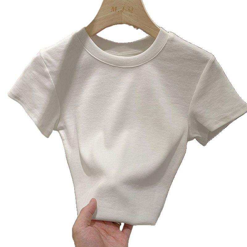 Dopamine Thread Slimming Women's Summer Short Sleeve T-Shirt – Versatile Straight Shoulder Round Neck