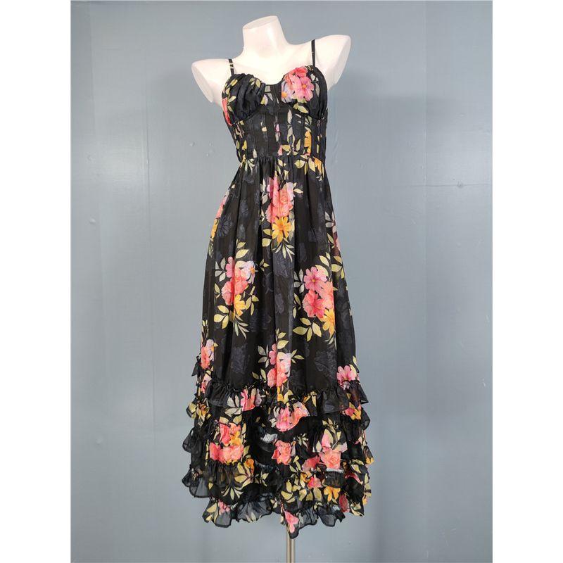 Foreign Trade Order Sling Lu's Exquisite Print Personalized Beautiful Fashion Jacquard Waist Hugging Slimming Big Hemline Temperament Dress