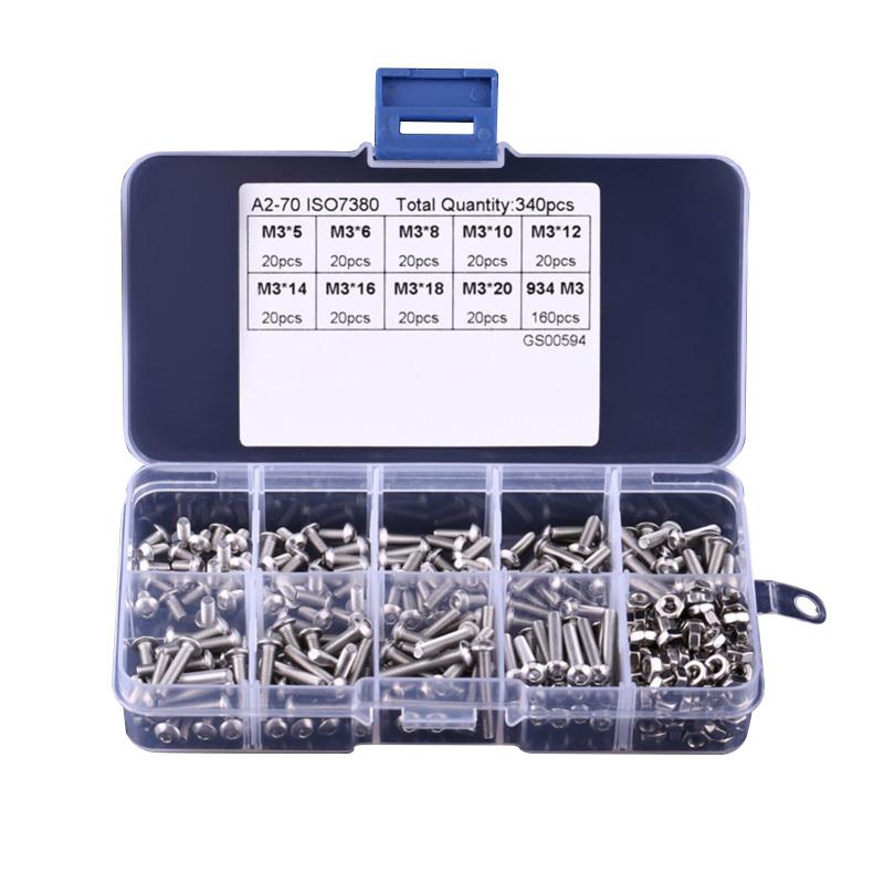 

340шт Метрическая M3 304 Нержавеющая сталь Шестигранная крышка гнезда Головка Винты Болты Ассортимент Комплект с шестигранной гайкой