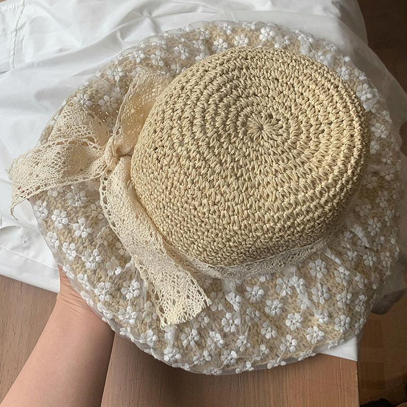 Spring Summer Romantic Floral Lace Straw Hat Sun Hat Beach Fisherman Hat Hand Woven Outdoor Sun Protection Elegant Design