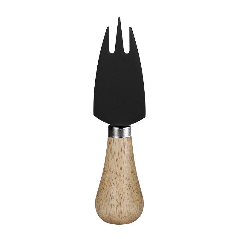 Black Stainless Steel Cheese Knife Set with Rubber Wood Handles - Includes Knife, Fork, and Spatula