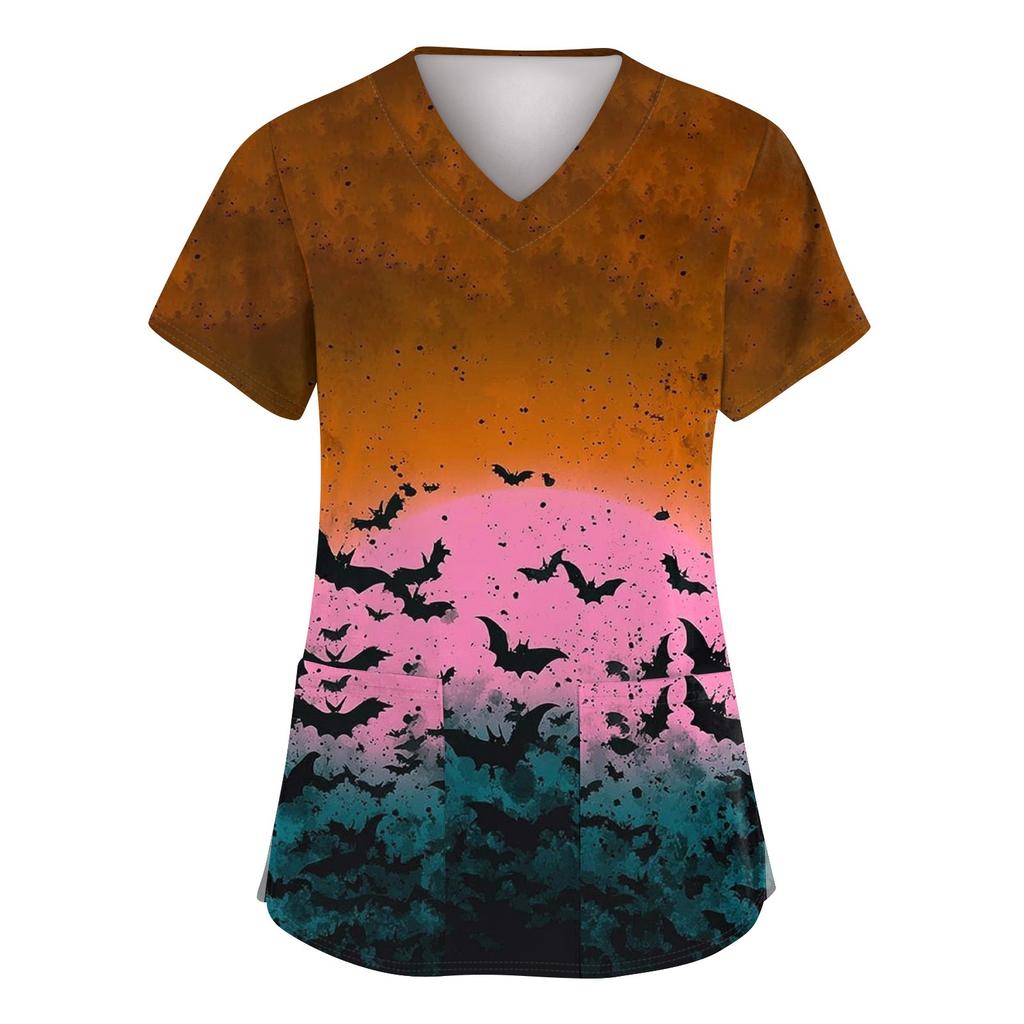 Damenmode Kurzarm Halloween Bedruckt V-Ausschnitt Tasche Arbeitskleidung Tops