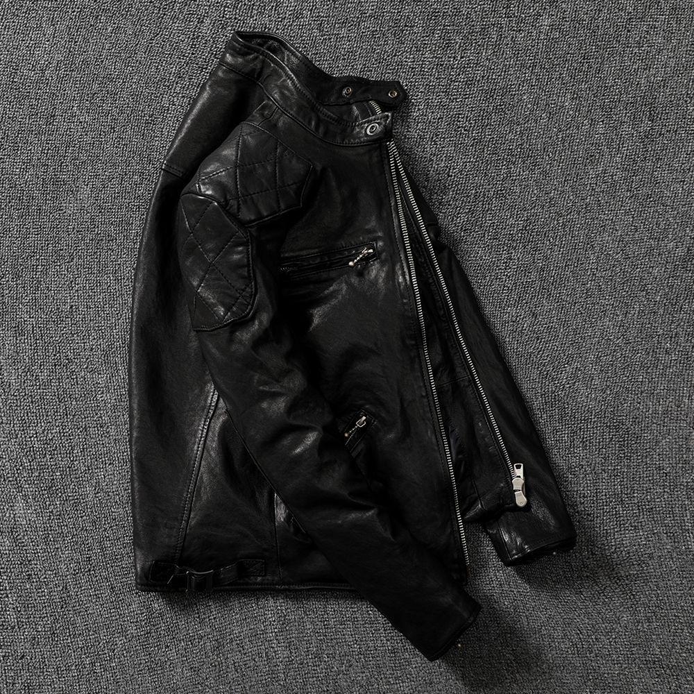 Sheepskin Vegetable Tanned Retro Washing and Old Head Layer Genuine Leather Jacket Men's Motorcycle Short Leather Jacket Stand Collar Jacket