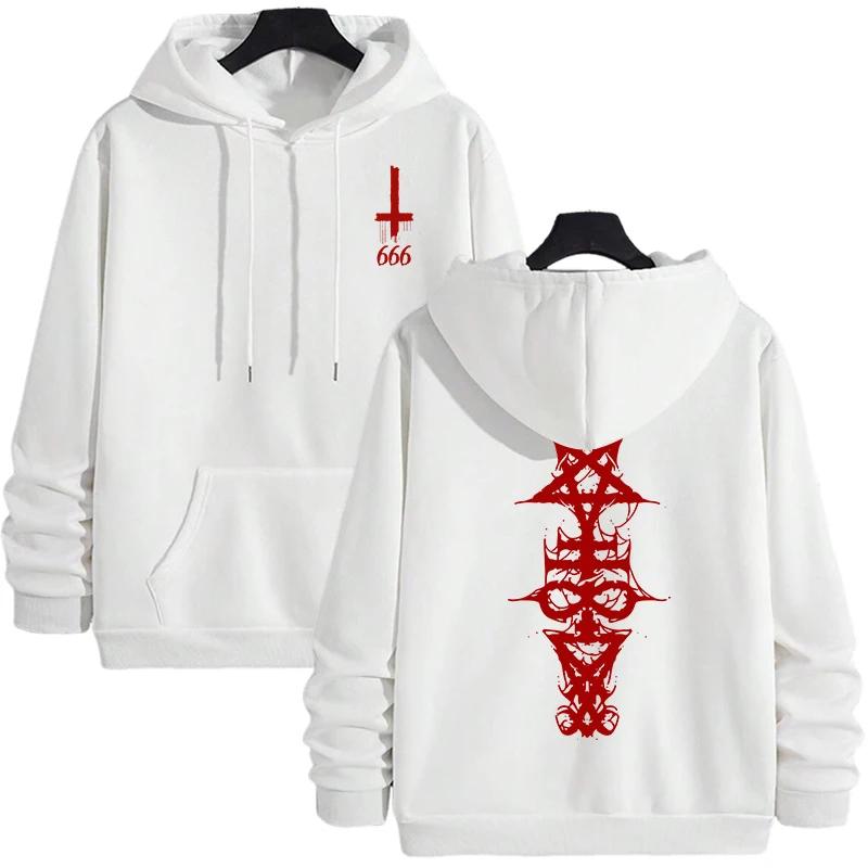 Mens Gothic Hoodie Satanic Symbol Print Street Fashion Warm Pullover Unisex Oversized Sweatshirt Outerwear Autumn Winter Outwear