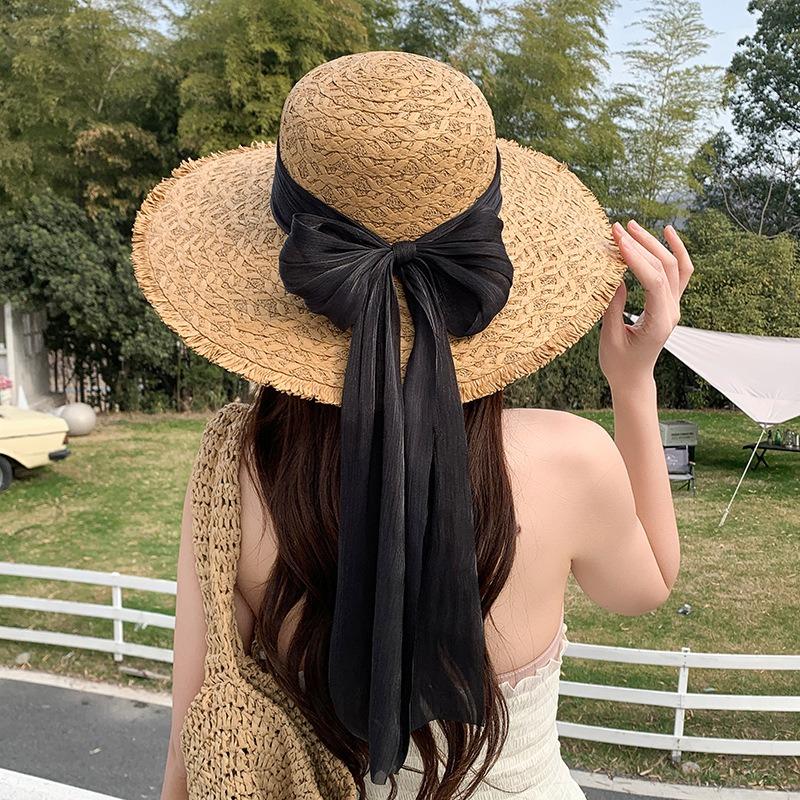 Summer Bow Sun Hat Female, Seaside Beach Vacation Sun Hat Outdoor Big Brim Sun Hat Sweet Straw Hat