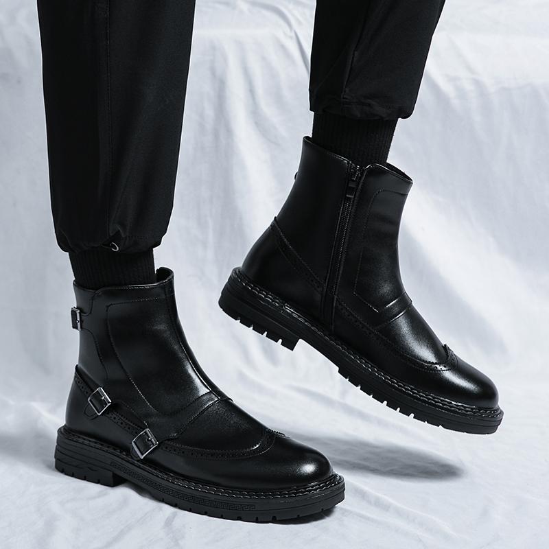 Men's round headed high top leather shoes Fashionable and versatile design styles party activities casual motorcycle men's boots