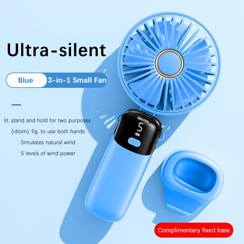 

Ручной мини-вентилятор емкостью 3000 мАч. Складные портативные подвесные вентиляторы для шеи. 5-скоростной USB-перезаряжаемый вентилятор с подставкой для телефона и экраном дисплея. синий