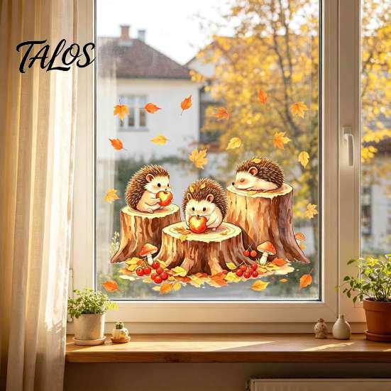 Harvest Theme Party Supplies Little Hedgehog Tree Stump Static Sticker, Watercolor Decorative Window Glass Stickers Decal, Reusable PVC Cling