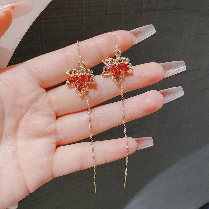 Fashion Atmospheric Red Velvet Bow Earrings Femininity Sweet Flower Long Fringed Versatile Earrings