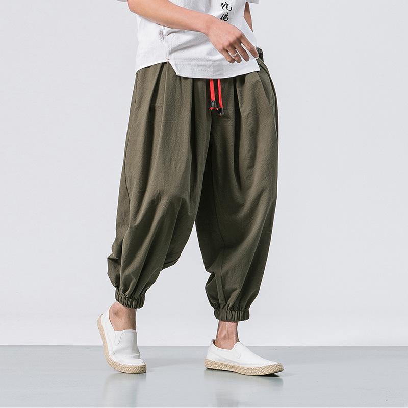 Pantaloni Jogger Larghi Harem da Uomo in Cotone Lino con Coulisse a Gamba Larga a Lanterna Tinta Unita Ampi Taglie Forti