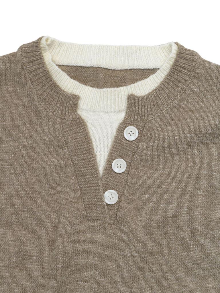 2026 Autumn/Winter Casual Knit V-neck Henley Collar Loose Sweater for Women