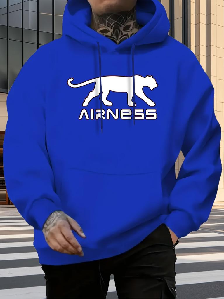 Casual Fleece Hoodie with Panther Graphic Print & AIRNESS Text - Vibrant Red