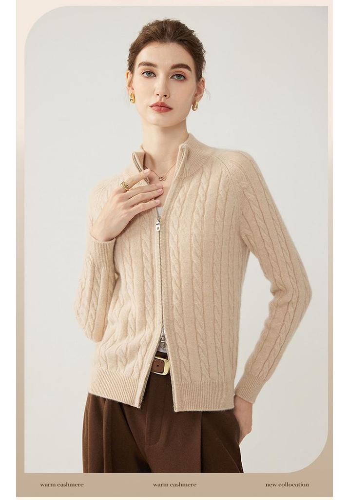 Pure Cashmere Cable Knit Zipper Cardigan Coat