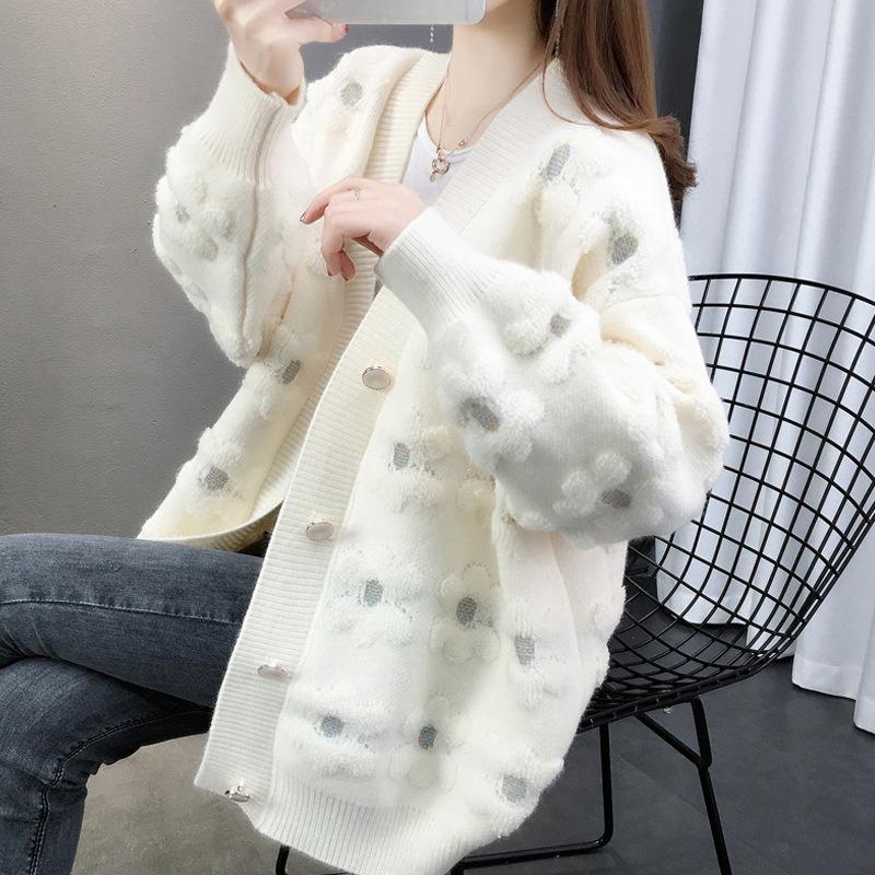 2025 Women's Loose Color Block Knitted Cardigan with Embroidered Crochet Accents